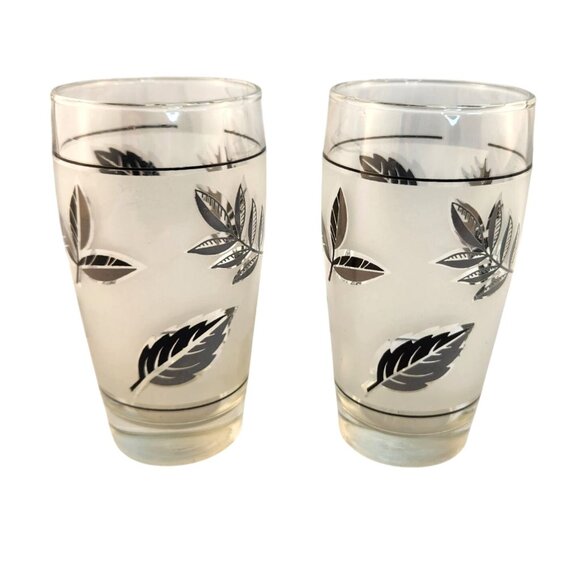 Vtg MCM Libbey Glass Frosted Silver Leaf Flat Tumbler Glasses 5.25"H Set Of 2 - Picture 2 of 6